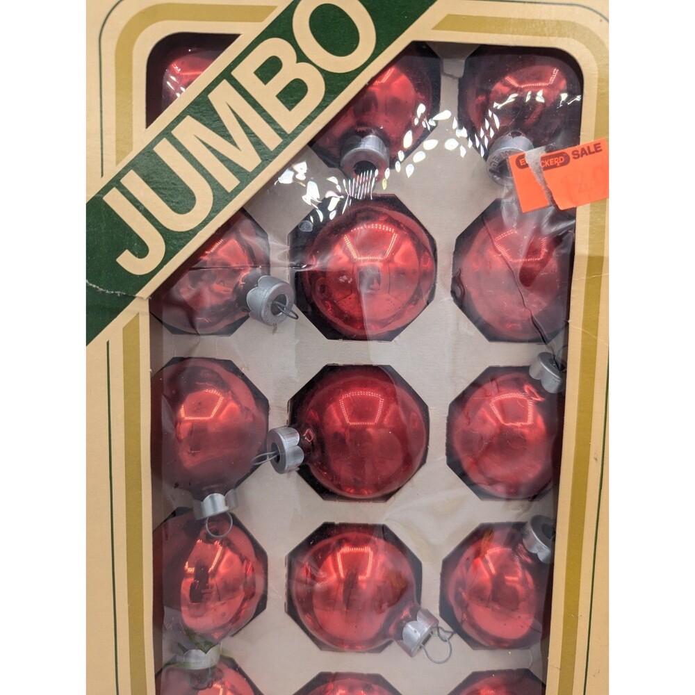 Vtg Pyramid Rauch Jumbo Red Glass Christmas Ornaments Box of 18 USA Shiny 2" - Picture 2 of 7
